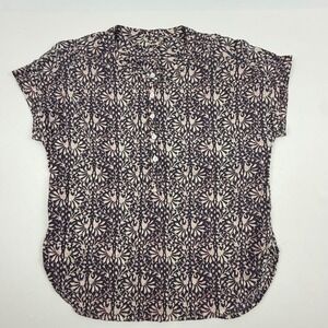 Faherty Womens Floral Bird Print Henley Blouse Navy Blue Short Sleeve Size M
